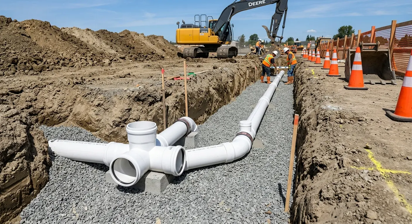 New PVC sewer pipe installation in open trench for Sewer Backup in Lake San Marcos