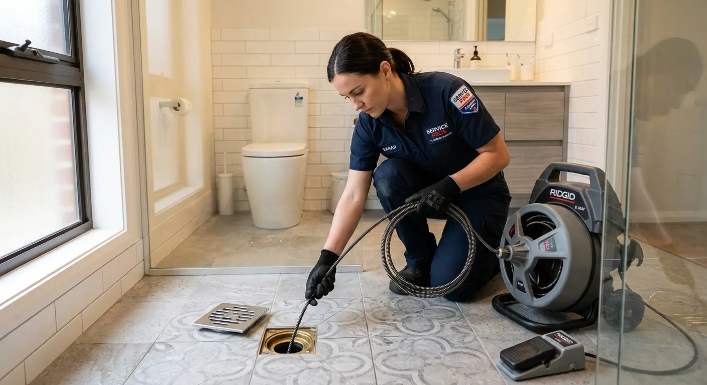 Technician clearing a bathroom floor drain for Drain Cleaning in Lake San Marcos